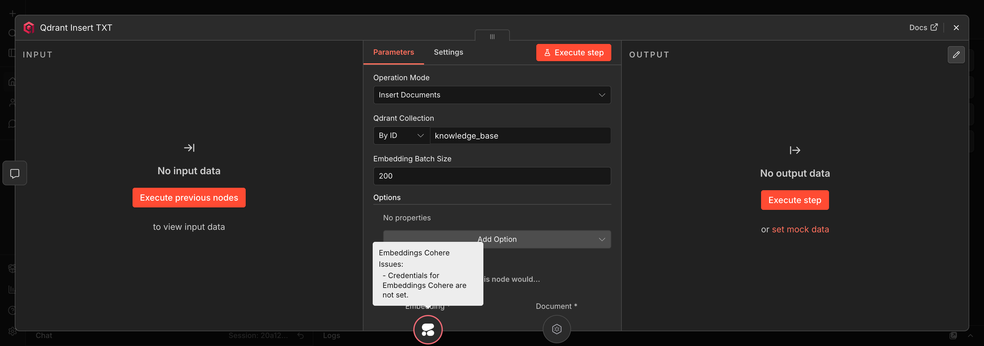 Панель параметров ноды Qdrant Insert TXT — на нижней границе видны слоты Embedding и Document, к Embedding подключена sub-нода Embeddings (видна всплывающая подсказка)